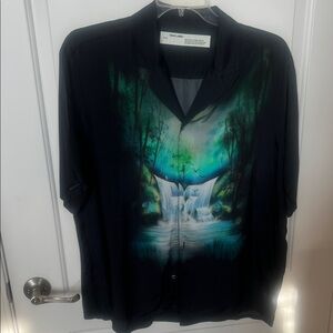 Off-White Dark Blue and Green Silk Shirt with Waterfall Design